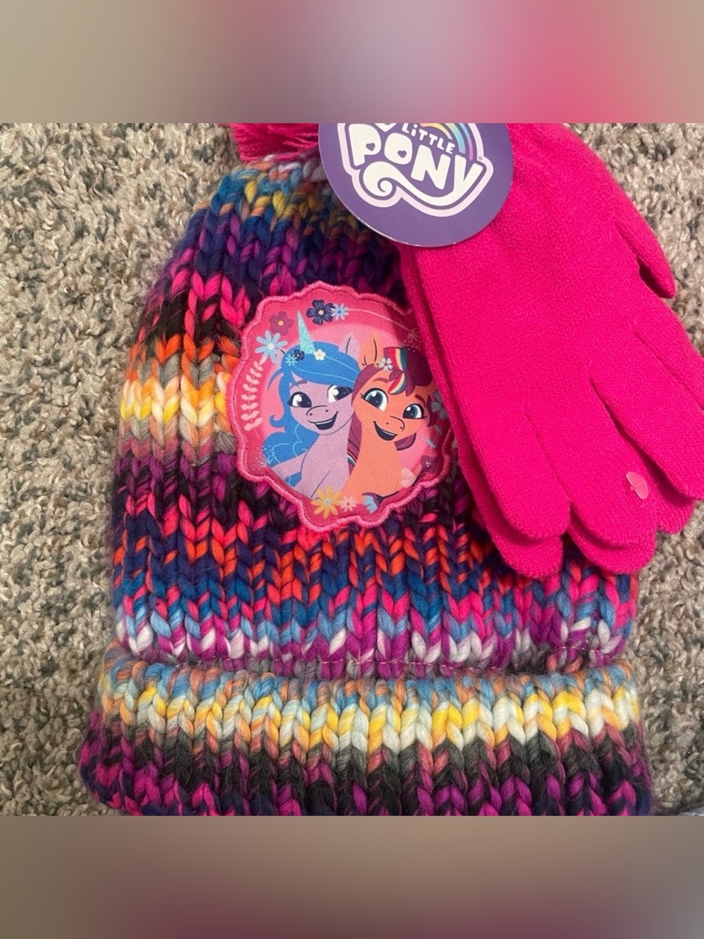 My Little Pony Multicolor Knit Beanie with Bright Pink Gloves